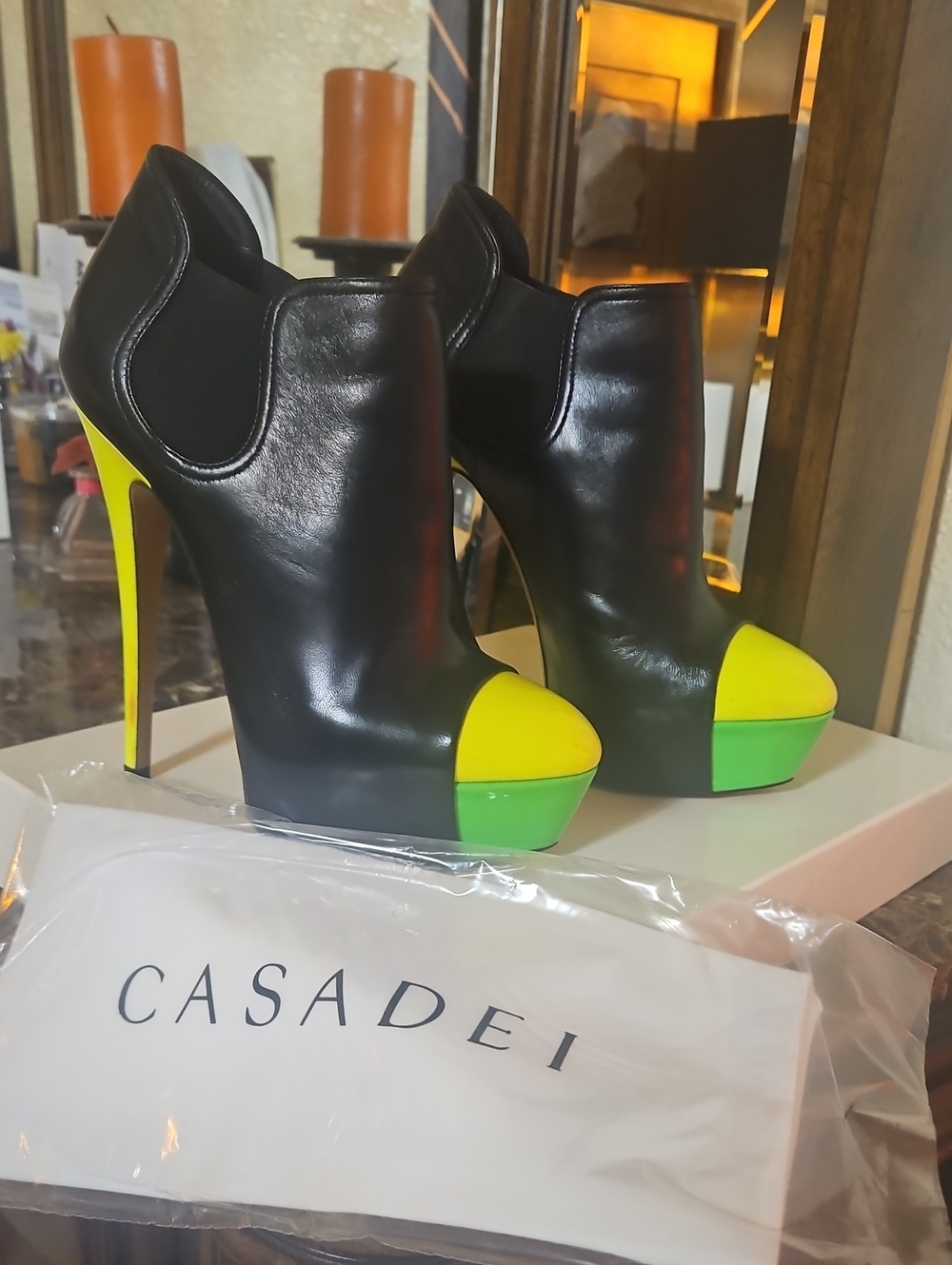 Casadei Black Leather Platform Booties with Neon Yellow & Green Accents